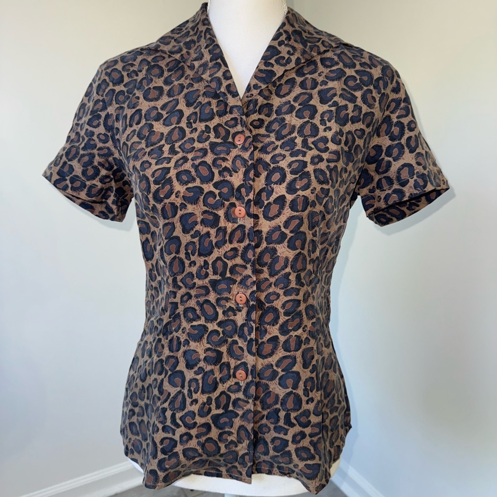 Vintage‎ Annie Alexander 100% Silk Leopard Print Button Up Top Size S